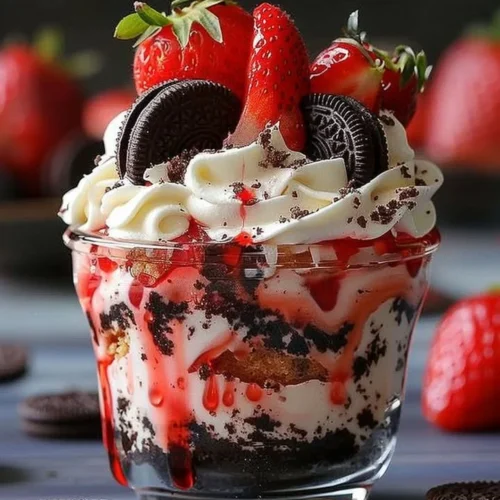 Delicious Strawberry Oreo Cheesecake Cup with fresh strawberries and Oreo crust