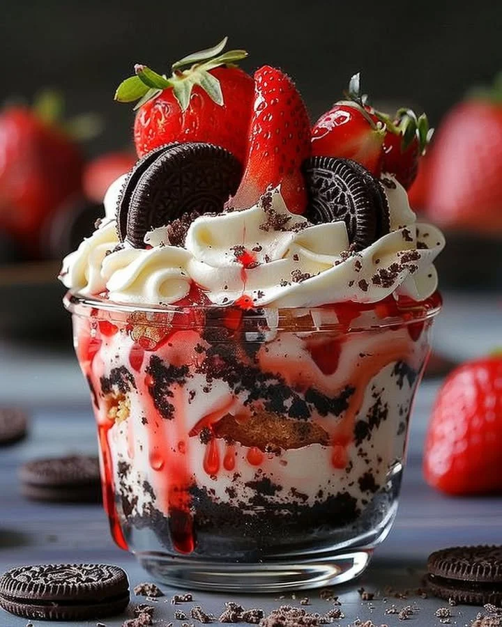 Delicious Strawberry Oreo Cheesecake Cup with fresh strawberries and Oreo crust