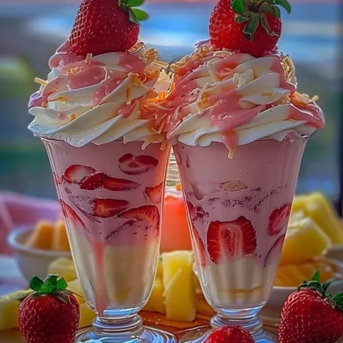 Strawberry Piña Colada Cake with Malibu frosting on a white plate