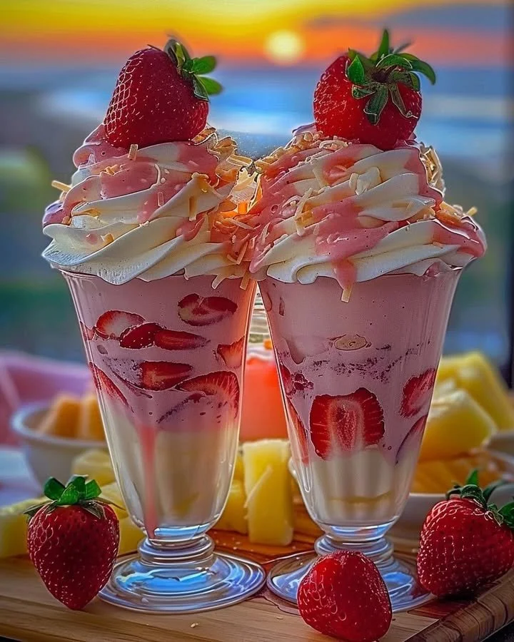 Strawberry Piña Colada Cake with Malibu frosting on a white plate