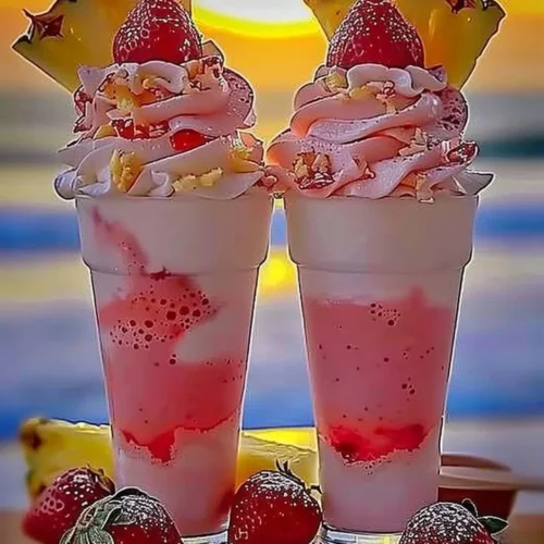 Strawberry Piña Colada with Malibu frosting in a tropical setting
