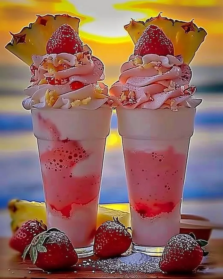Strawberry Piña Colada with Malibu frosting in a tropical setting