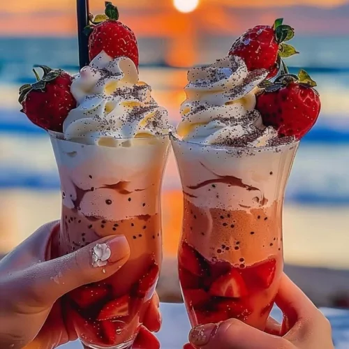 Strawberry Piña Colada with Malibu frosting served in a glass with a slice of strawberry