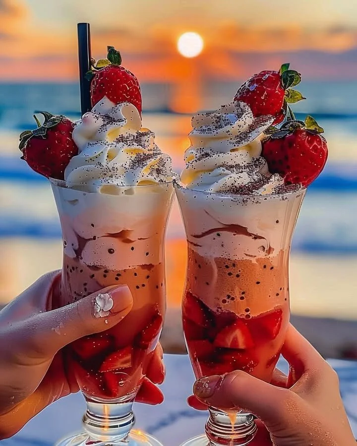 Strawberry Piña Colada with Malibu frosting served in a glass with a slice of strawberry