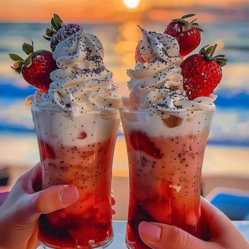 Delicious Strawberry Piña Colada with Malibu frosting served in a tropical glass.
