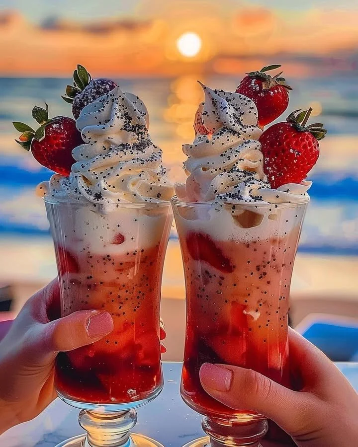 Delicious Strawberry Piña Colada with Malibu frosting served in a tropical glass.