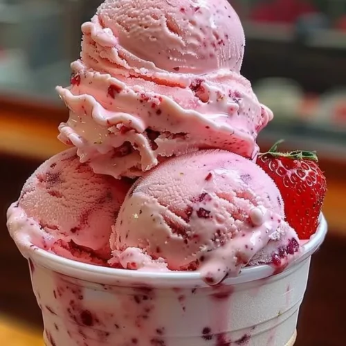 Delicious Strawberry Sensation Ice Cream in a bowl with fresh strawberries
