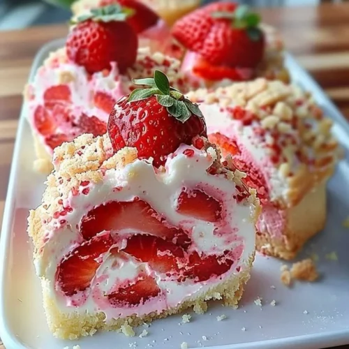 Delicious strawberry shortcake cheesecake topped with fresh strawberries.