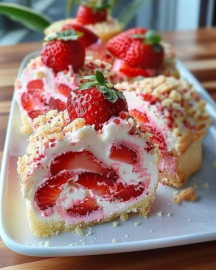 Delicious strawberry shortcake cheesecake topped with fresh strawberries.