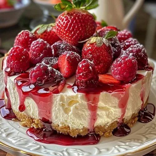 Slice of Strawberry Swirl Cheesecake topped with fresh strawberries