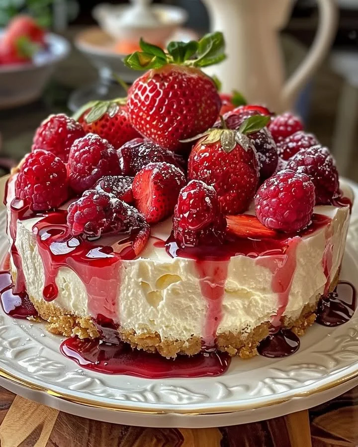Slice of Strawberry Swirl Cheesecake topped with fresh strawberries