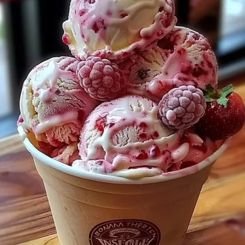 A bowl of strawberry vanilla bean ice cream topped with fresh strawberries.