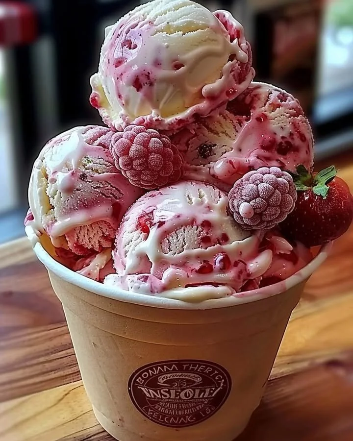 A bowl of strawberry vanilla bean ice cream topped with fresh strawberries.
