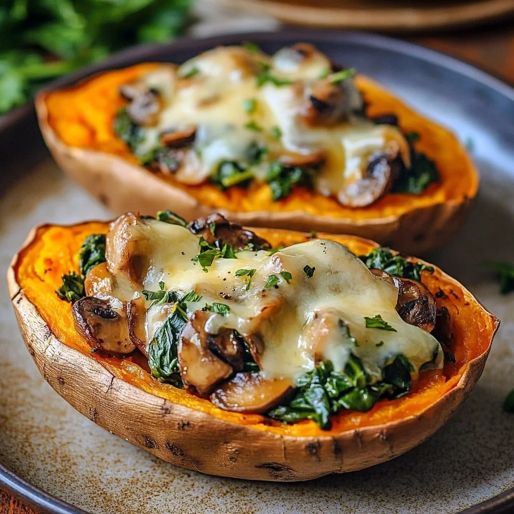 Stuffed sweet potatoes filled with mushroom and spinach on a plate