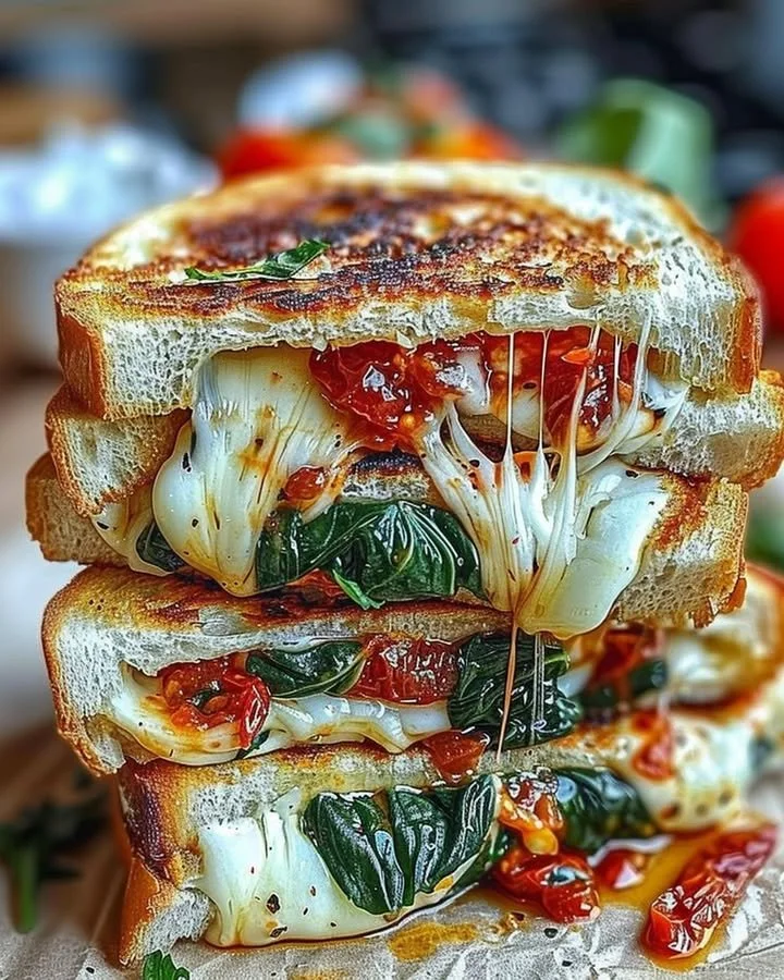 Sun-dried tomato, spinach, and ricotta grilled cheese sandwich on a plate