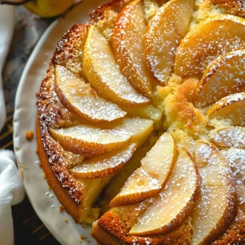 Super moist pear cake with slices of fresh pears on top.
