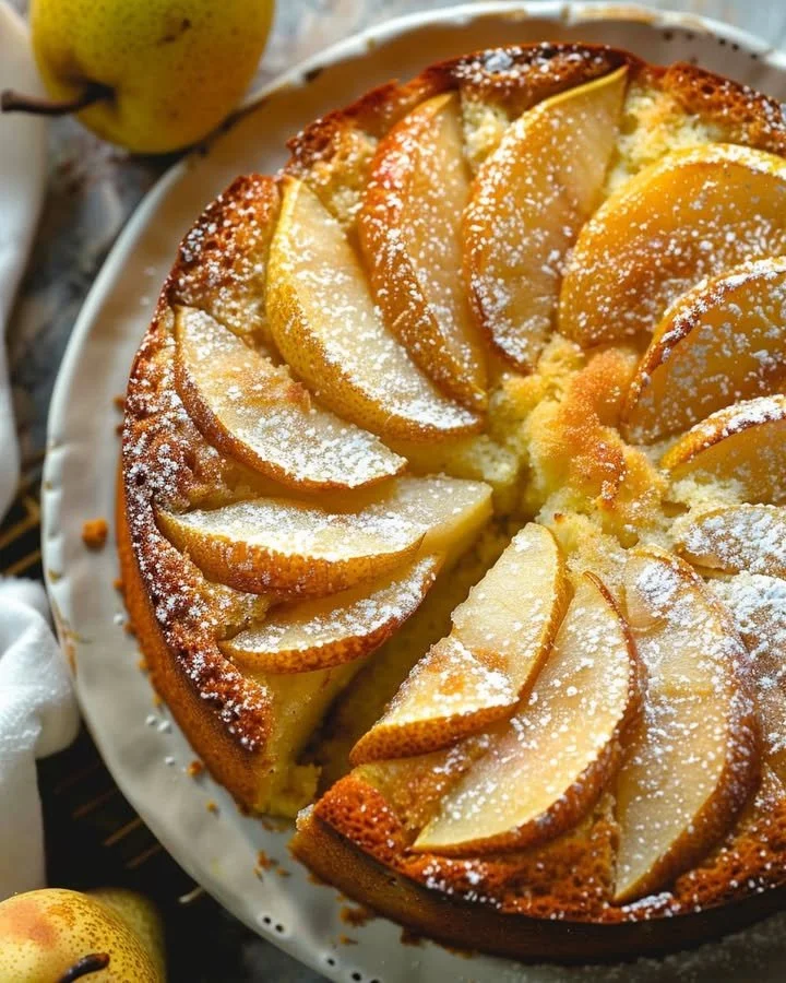 Super moist pear cake with slices of fresh pears on top.
