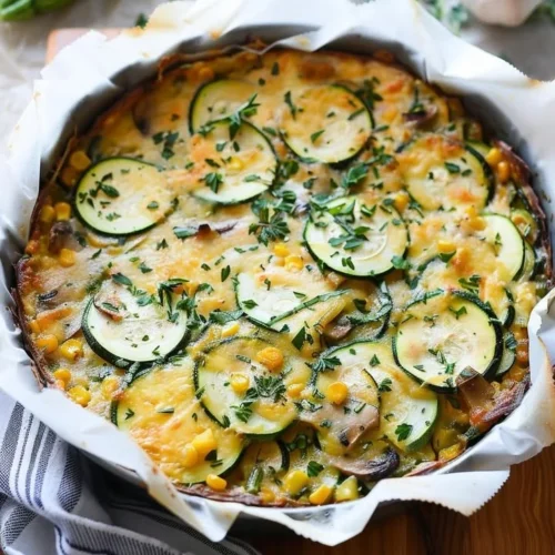 Freshly baked sweet corn and zucchini pie on a rustic wooden table