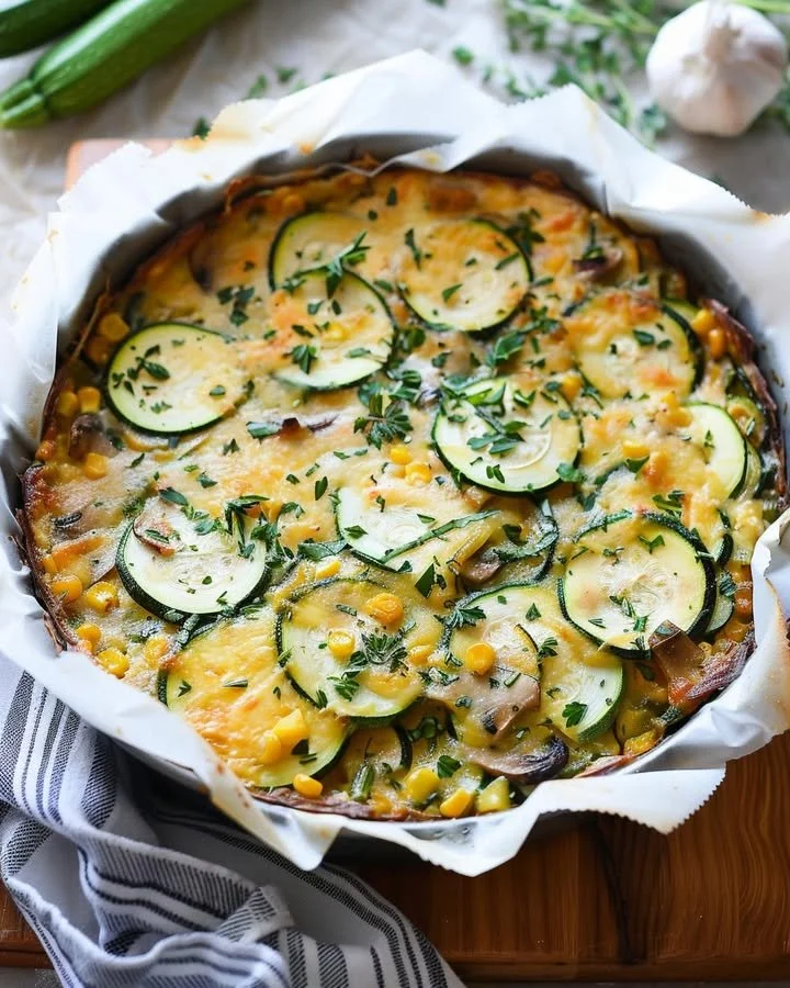 Freshly baked sweet corn and zucchini pie on a rustic wooden table