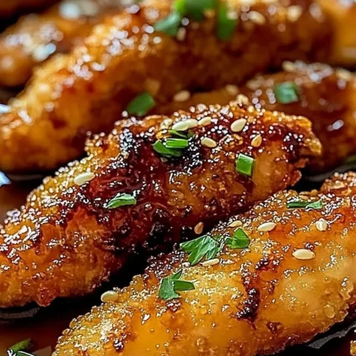 Crispy honey garlic chicken tenders made in an air fryer, garnished with fresh herbs