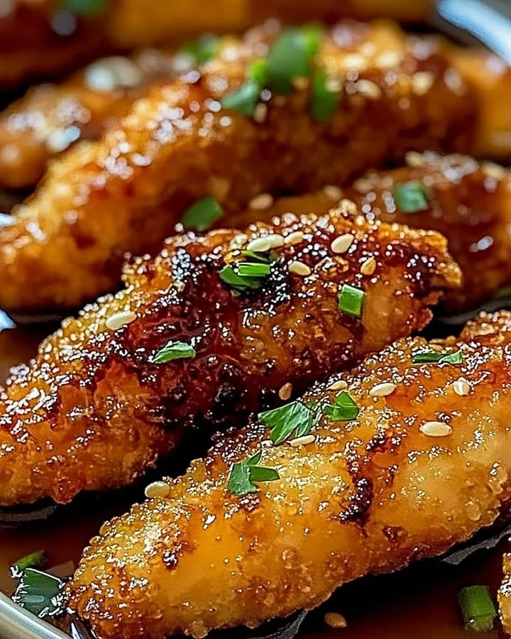 Crispy honey garlic chicken tenders made in an air fryer, garnished with fresh herbs