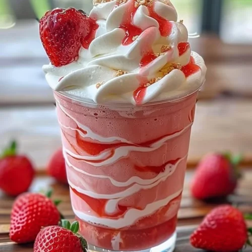 Refreshing Strawberries and Cream Frappuccino topped with whipped cream