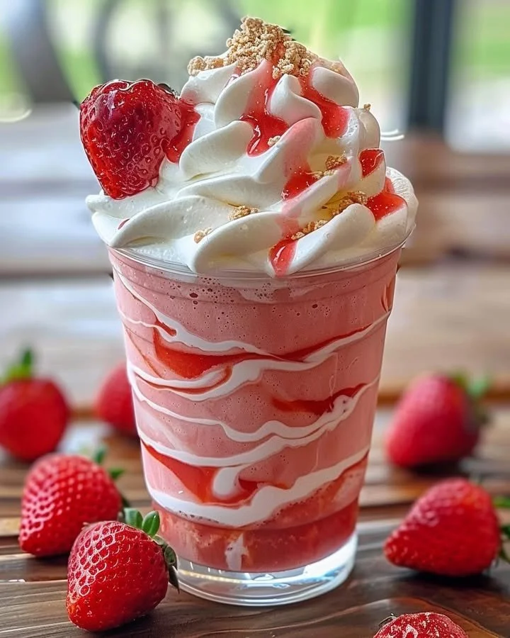 Refreshing Strawberries and Cream Frappuccino topped with whipped cream