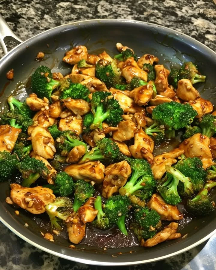 Szechuan-Style Chicken with Broccoli garnished with herbs and spices