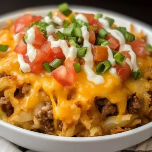 Taco Beef and Hash Brown Casserole topped with melted cheese and fresh toppings