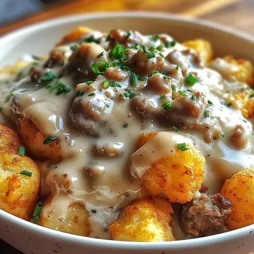 Delicious Tater Tot Breakfast Bowl topped with creamy sausage gravy