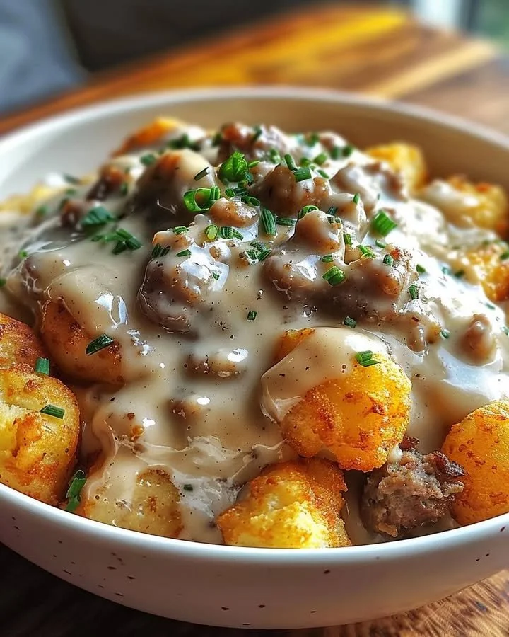 Delicious Tater Tot Breakfast Bowl topped with creamy sausage gravy