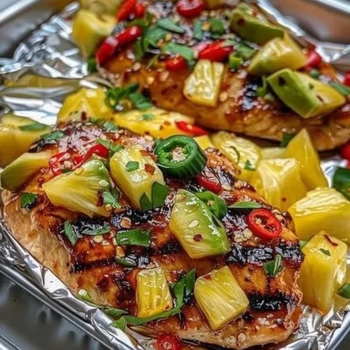 Delicious teriyaki chicken and pineapple foil packets ready for grilling.