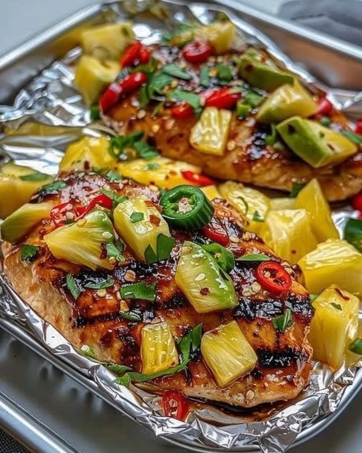 Delicious teriyaki chicken and pineapple foil packets ready for grilling.