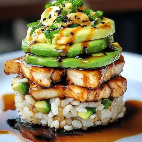 Teriyaki chicken stacked with avocado and rice for a healthy meal