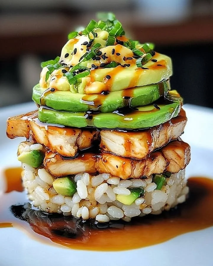 Teriyaki chicken stacked with avocado and rice for a healthy meal