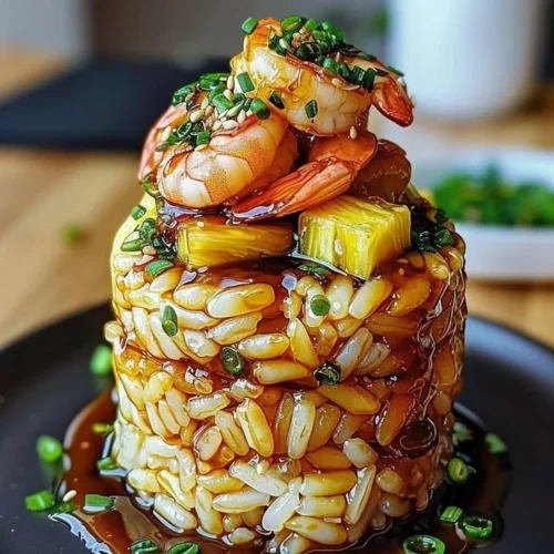 Delicious Teriyaki Shrimp served on a bed of pineapple rice in a beautiful stack.