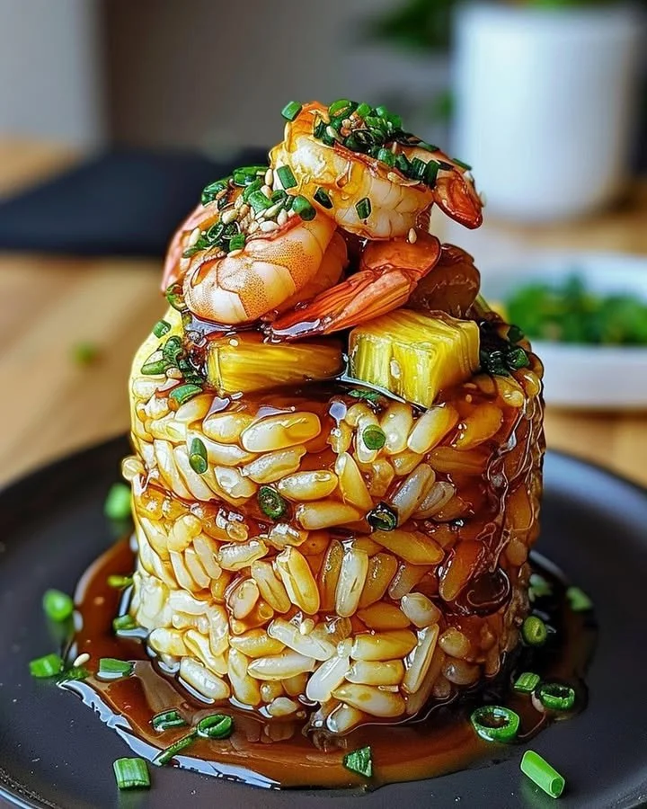 Delicious Teriyaki Shrimp served on a bed of pineapple rice in a beautiful stack.