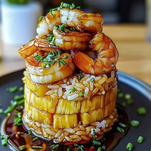 Delicious Teriyaki Shrimp & Pineapple Rice Stack garnished and ready to serve
