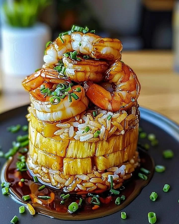Delicious Teriyaki Shrimp & Pineapple Rice Stack garnished and ready to serve