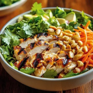 Thai Peanut Chicken Salad with fresh vegetables and peanut dressing