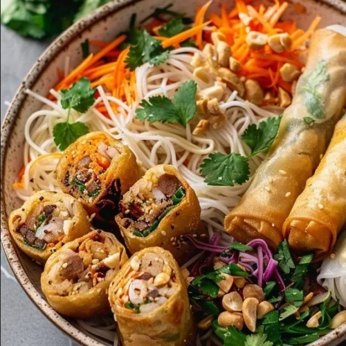 Delicious Thai Peanut Spring Roll Noodle Bowl with fresh vegetables and peanut sauce