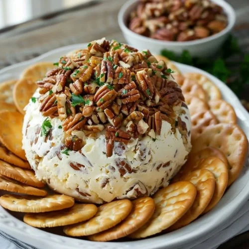 Delicious cheese ball served with crackers and garnished with herbs.