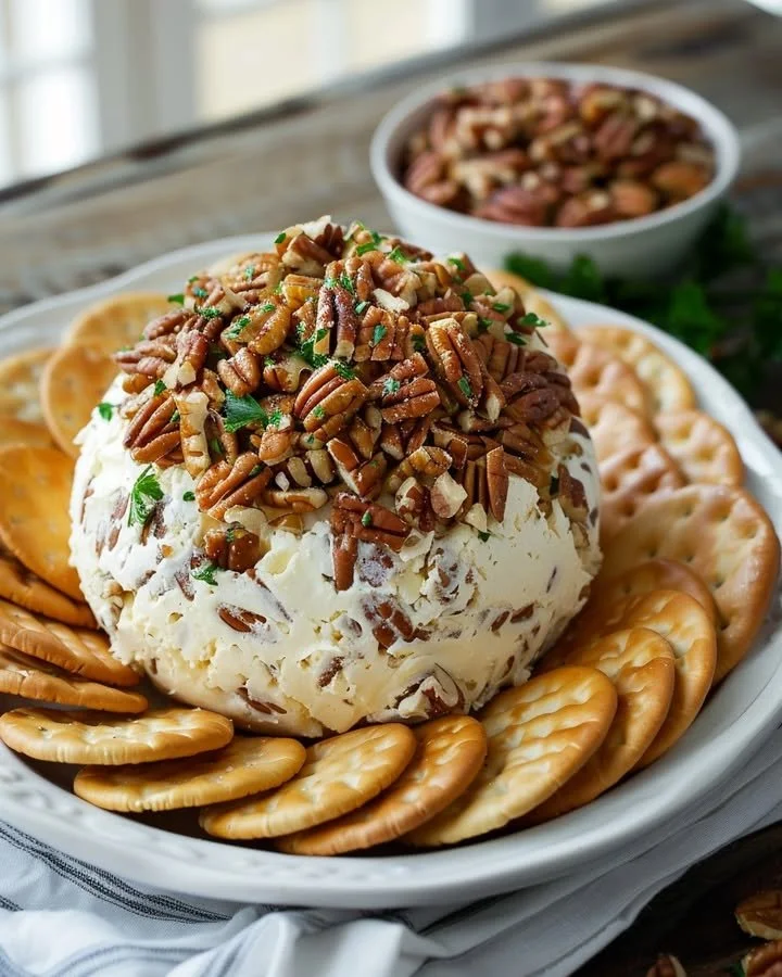 Delicious cheese ball served with crackers and garnished with herbs.