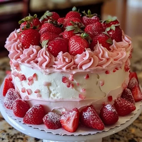 A delicious slice of the best strawberry cake ever with fresh strawberries and cream frosting.