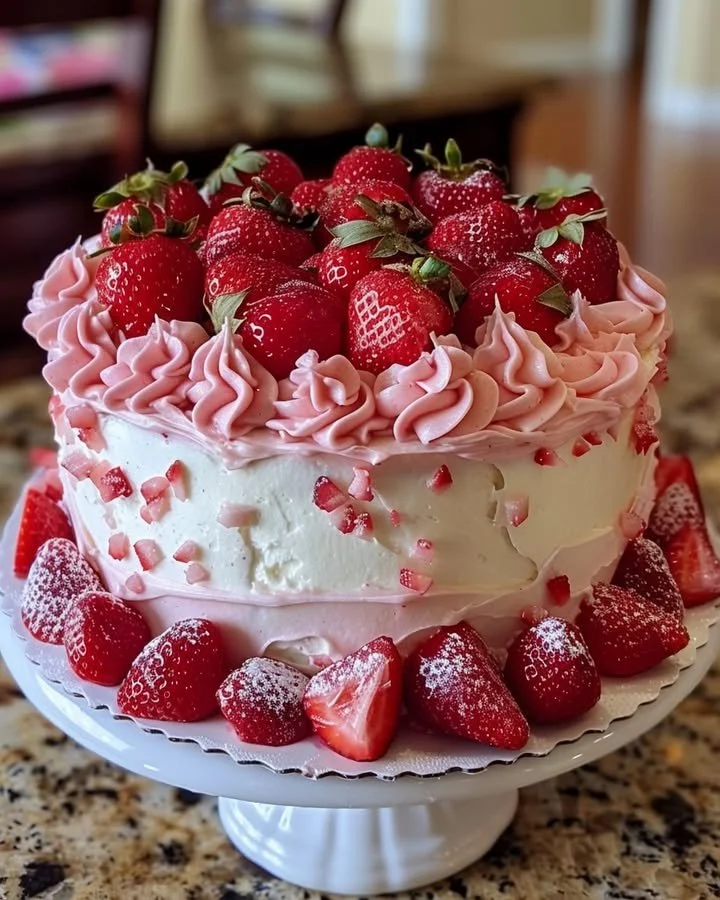 A delicious slice of the best strawberry cake ever with fresh strawberries and cream frosting.