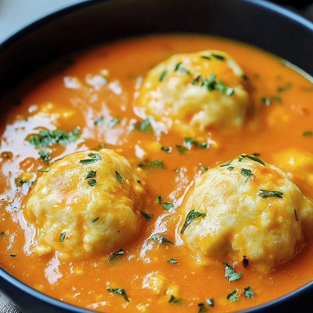 Bowl of tomato soup topped with fluffy cheddar dumplings