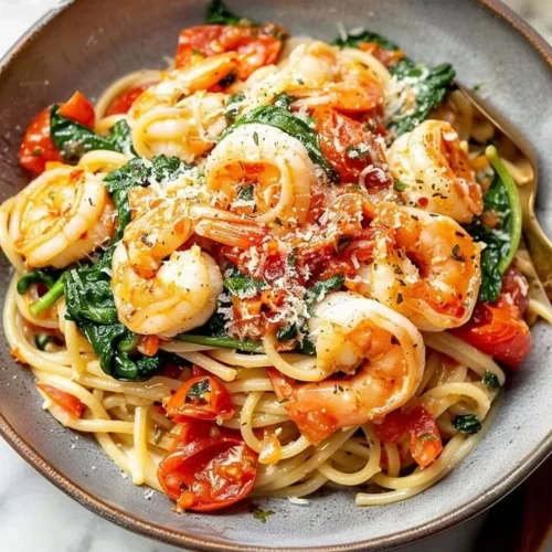 A bowl of Tomato Spinach Shrimp Pasta garnished with fresh basil.