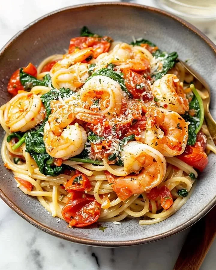 A bowl of Tomato Spinach Shrimp Pasta garnished with fresh basil.
