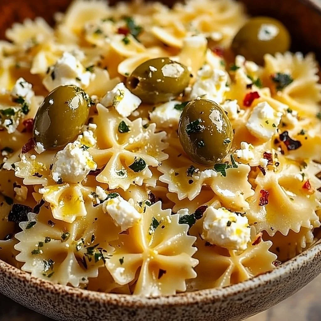 Plate of tossed pasta with olives and feta cheese garnished with herbs