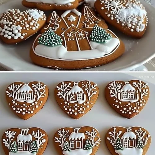 Traditional gingerbread cookies decorated with a winter village theme.